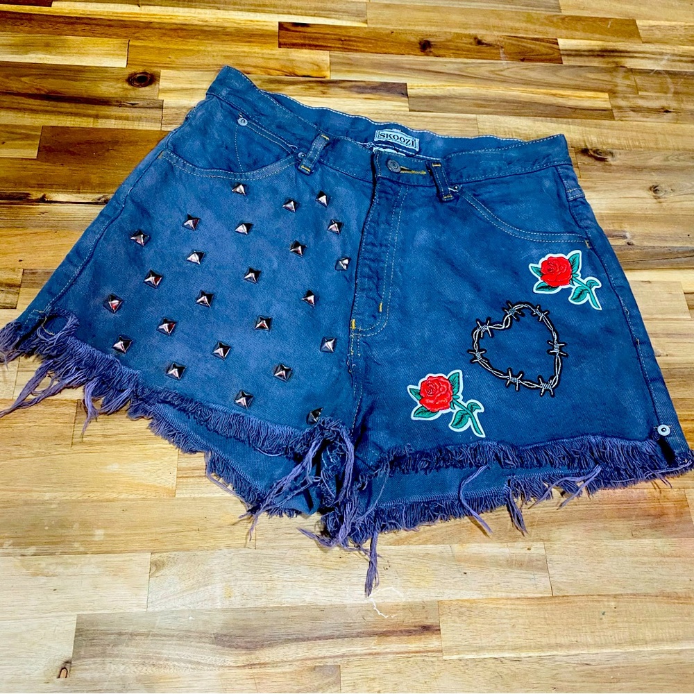 Vintage 90’s Skoozi Black High Waisted Booty  Shorts With Stud Accents Patches.